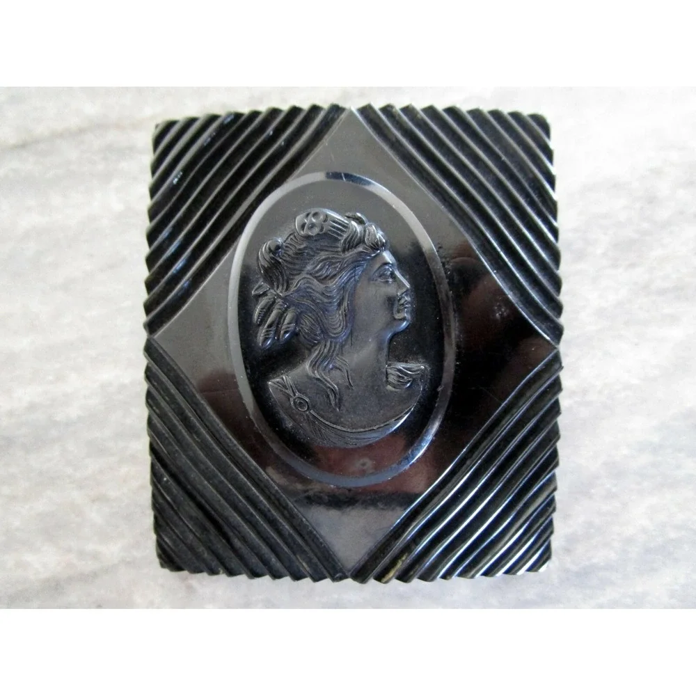 Large All Black Cameo Vintage Antique Carved Bakelite? Brooch  Mourning Jewelry